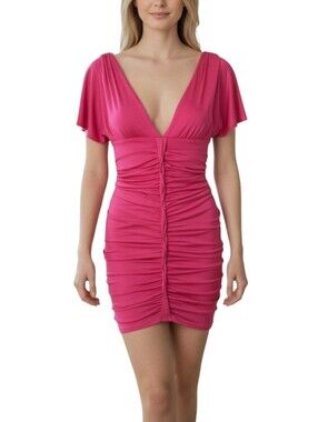 Marciano Hot Pink Ruched Dress Vintage Cute Plunging V-neck Bodycon Dress XS